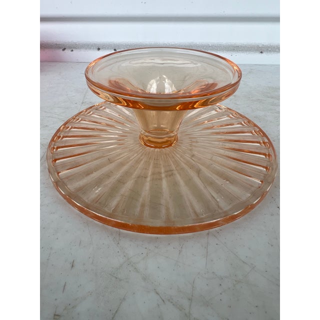 Vintage Pink Depression Glass Ball Footed Cake Plate For Sale - Image 4 of 6