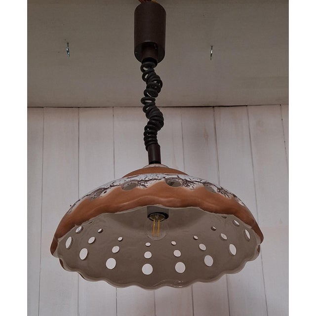 Vintage Ceiling Lamp with Openwork Ceramic Shade on Height-Adjustable Plastic Mount, 1970s For Sale - Image 4 of 7