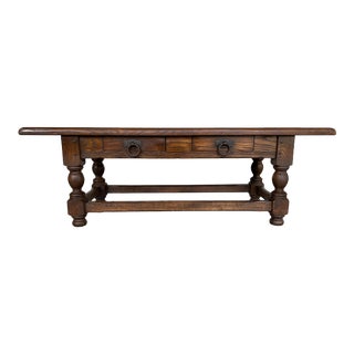 Vintage French Farmhouse Solid Oak Wood Coffee Table With Two Drawers For Sale