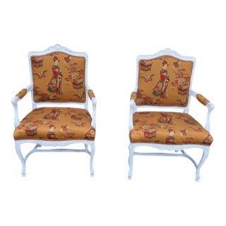 1940s Pair Country French Armchairs White Frame Silk Fabric New Upholstery For Sale