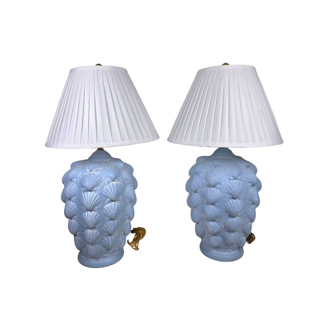 Vintage Hollywood Regency Blue Scallop Shell Lamps |- Coastal Neoclassical - a Pair For Sale - Image 12 of 12