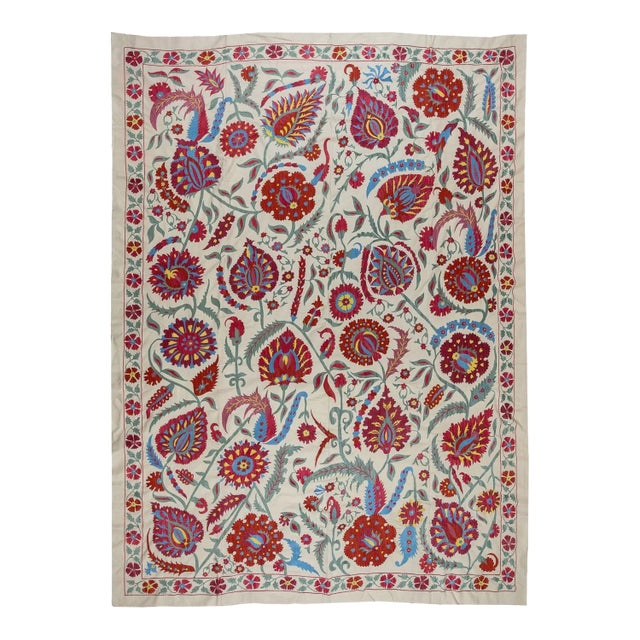 6.8x9 Ft Brand New Uzbek Suzani Textile. Embroidered Silk & Cotton Wall Hanging For Sale