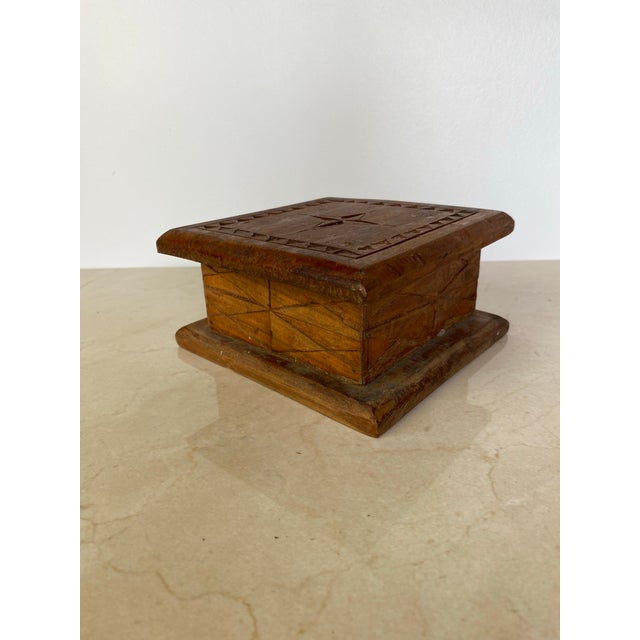 Vintage Hand-Carved Wood Folk Art Lidded Box With Star Motif For Sale - Image 4 of 12