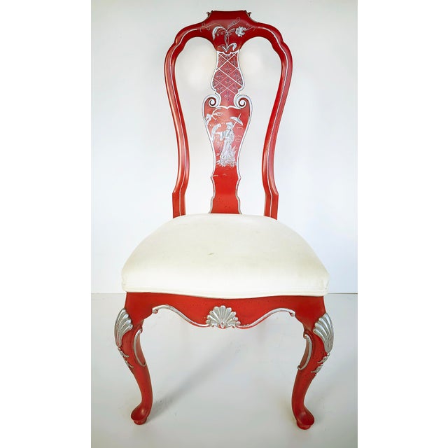 Vintage Chinoiserie Red Silver Leafed Dining Chairs, Set of 6 For Sale - Image 4 of 12