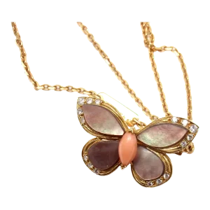 Van Cleef & Arpels 18k Yellow Gold Diamond MOP Coral Butterfly Brooch Necklace