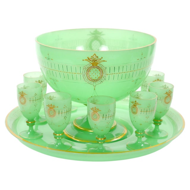 Glass French Green Opaline Baccarat Crystal Engraved & Gilt Napoleon III Punch Bowl For Sale - Image 7 of 10