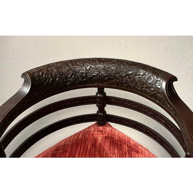 Oxblood Red Antique Carved Rosewood Roundabout Corner Chair, American 1870-80 For Sale - Image 8 of 12