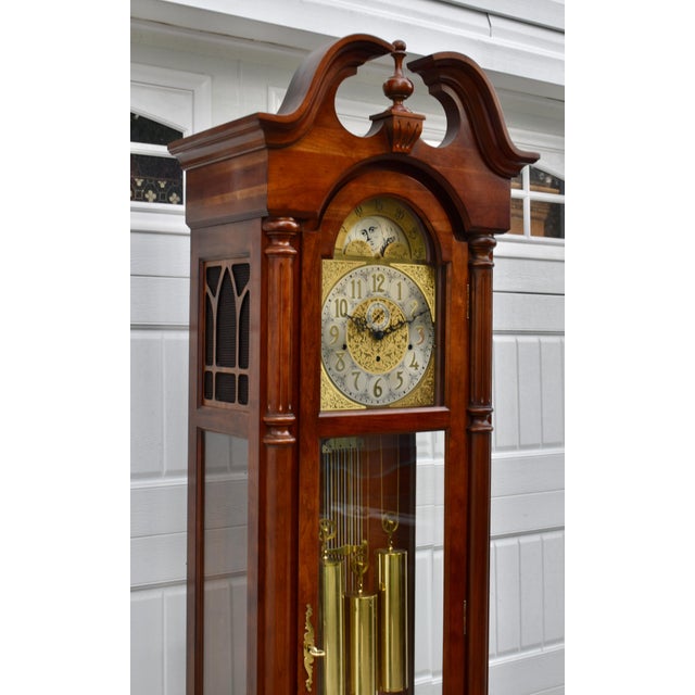 Ridgeway Cherry Grandfather Clock Vintage Brass Dial Moving Moon Phase Windsor For Sale - Image 10 of 18
