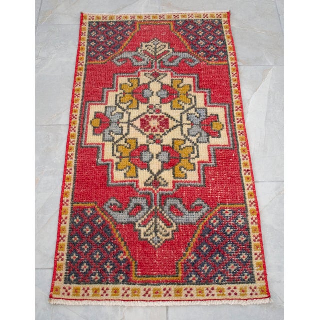 1970s Vintage Small Turkish Rug Hand-Knotted Mat Enty Decor, Kitchen Accent, Laundry Room Art 19" X 36" For Sale - Image 5 of 10
