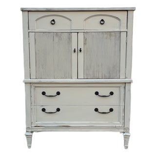 Vintage French Country Cabinet Dresser, Distressed Cream Chest With Cabinet Doors, Cottage Farmhouse Storage Furniture, French Bedroom Chest For Sale