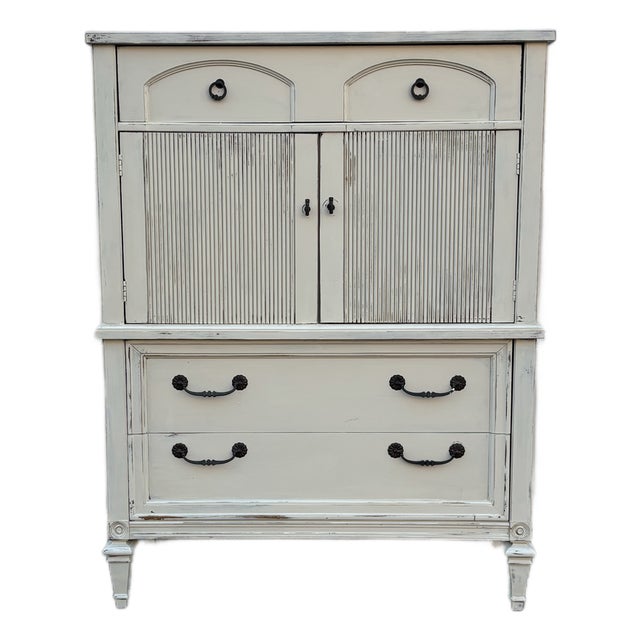 Vintage French Country Cabinet Dresser, Distressed Cream Chest With Cabinet Doors, Cottage Farmhouse Storage Furniture, French Bedroom Chest For Sale