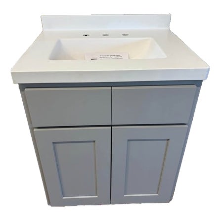 27" Corner Gray Vanity With Custom White Solid Surface Top & Integrated Sink For Sale