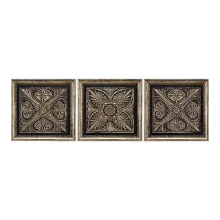 Set of 3 Oversized 33” Black & Antique Gold Architectural Relief Wall Panels For Sale