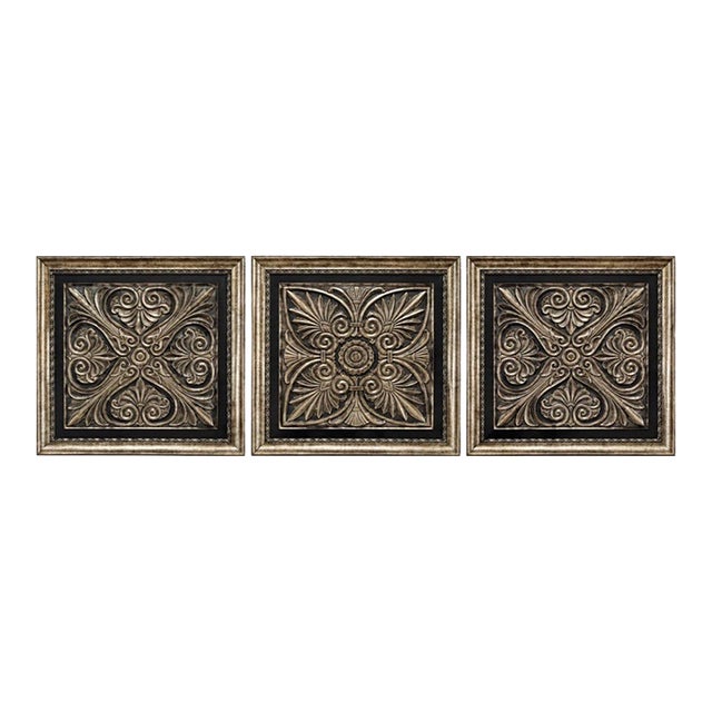 Set of 3 Oversized 33” Black & Antique Gold Architectural Relief Wall Panels For Sale