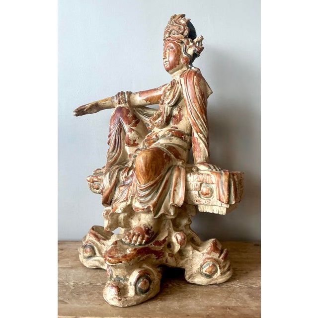 Traditional Vintage Asian Carved Wood Guanyin Statue For Sale - Image 3 of 7