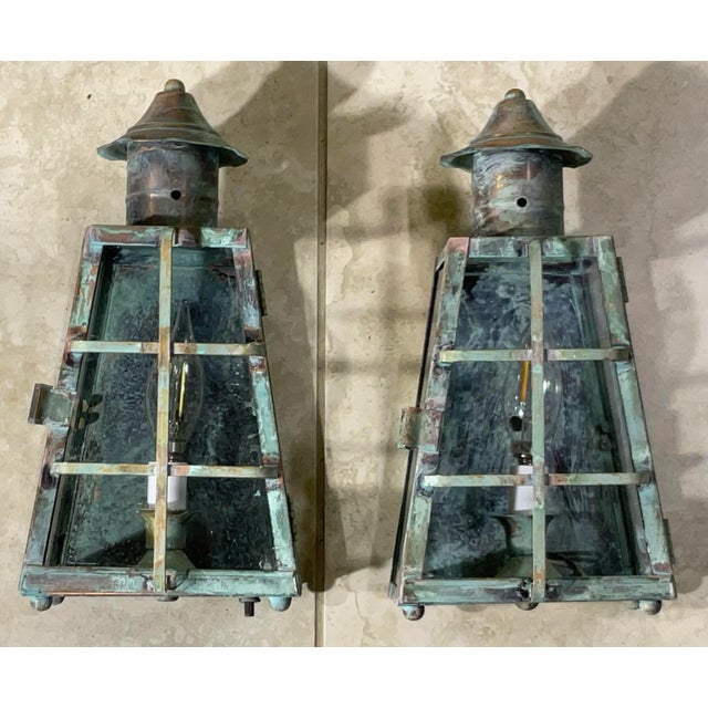 Funky Vintage Pair of Solid Patinated Brass and Copper Wall Lanterns For Sale - Image 15 of 16