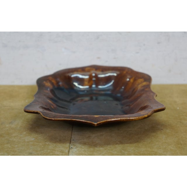 Ceramic Antique Ceramic Brown Glazed Scalloped Dish Tray Centerpiece Bowl Compote 11" For Sale - Image 7 of 10