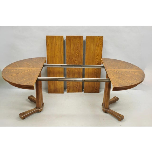 Vintage Mid Century Modern Oak Sunburst Round Extension Pedestal Dining Table For Sale - Image 11 of 18