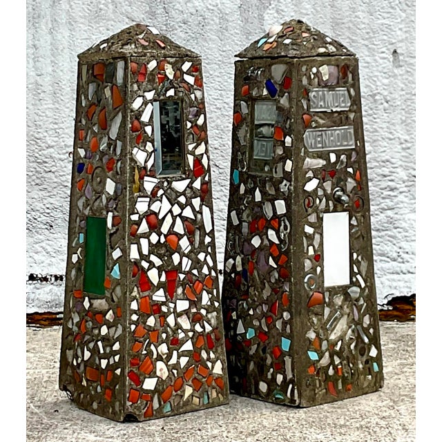 Elevate your outdoor space with this stunning pair of vintage coastal mosaic garden obelisks. Each obelisk features...
