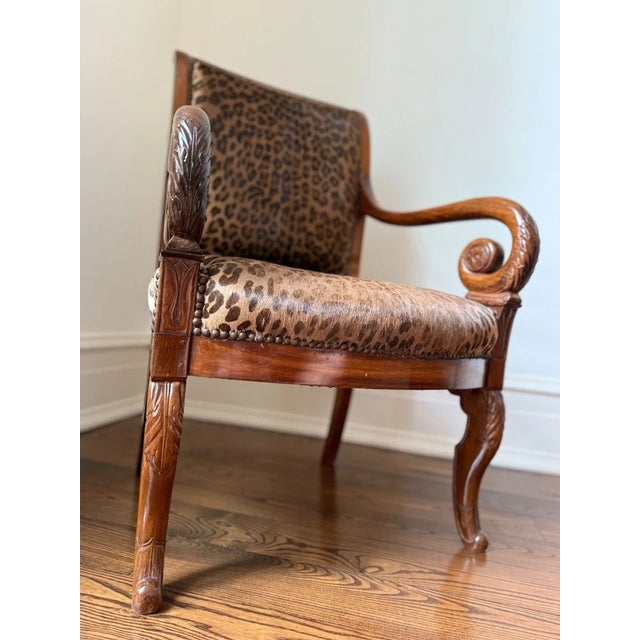Mid 20th Century Mid 20th Century Empire Style Leopard Print Animal Hide Carved Wood Arm Chair For Sale - Image 5 of 13