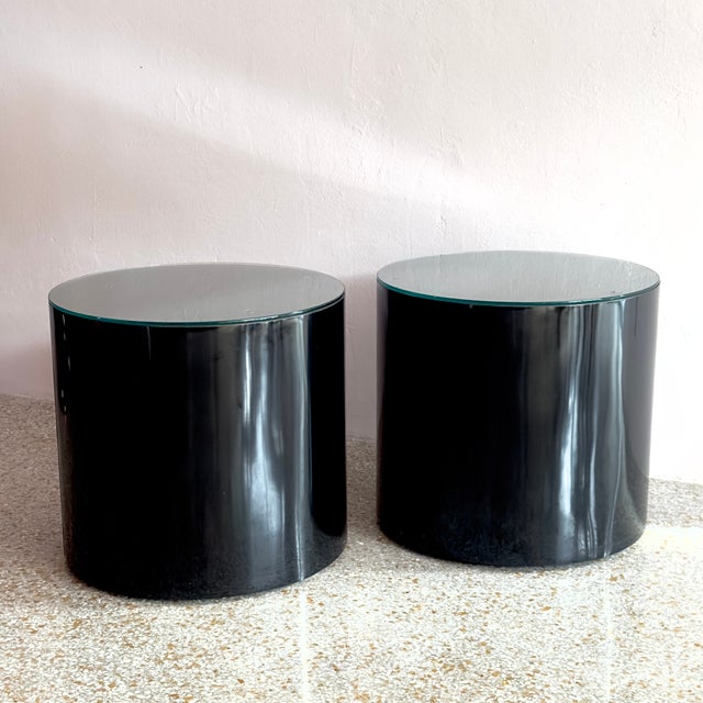 Mid-Century Modern Postmodern Glass-Topped Black Rolling Cylinder Side Tables For Sale - Image 3 of 10