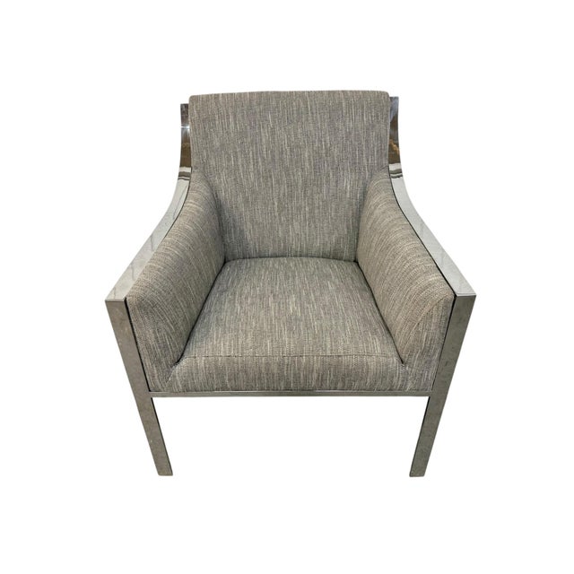 Elevate your space with this circa 2000s Milo Baughman–style flat bar chrome armchair. Featuring a sleek, architectural...