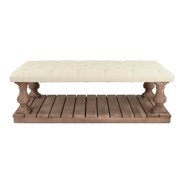 French Country Bellamy Tufted Ottoman - Linen / Limed Gray Frame For Sale - Image 3 of 5