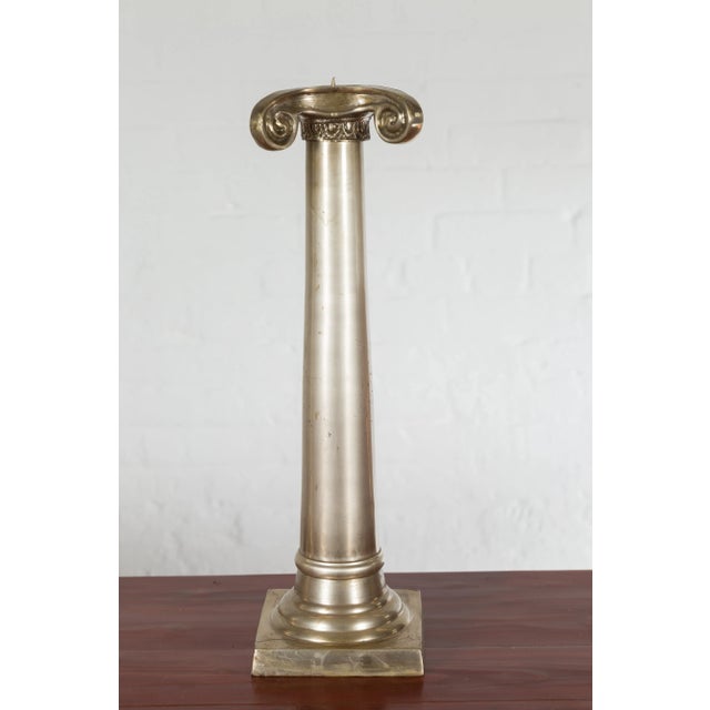 Metal Brushed Silver over Bronze Column Candlesticks with Large Ionic Capitals - A Pair For Sale - Image 7 of 10