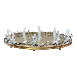 French Neo-Classtical Mirrored Plateau / Tray - Cherubs & Porcelain Flowers Vanity Bar For Sale