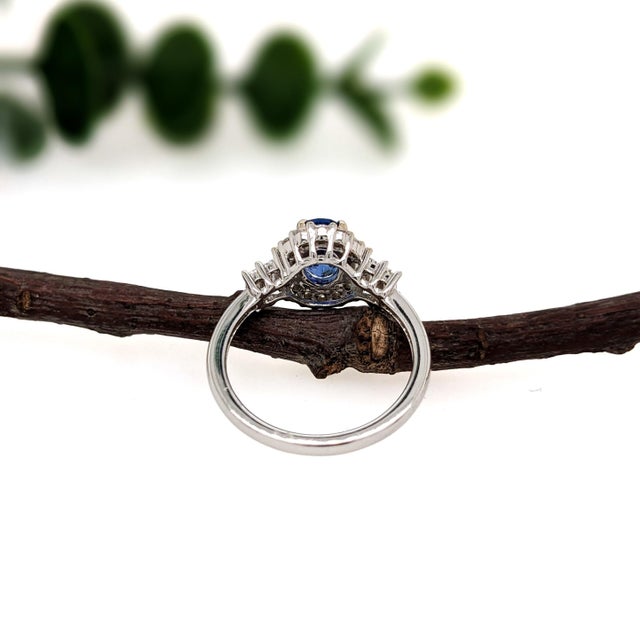 Blue Royal Blue Sapphire Ring With Natural Diamond Halo: Solid 14k Gold, Oval 7x5mm, Size 6.75 For Sale - Image 8 of 8