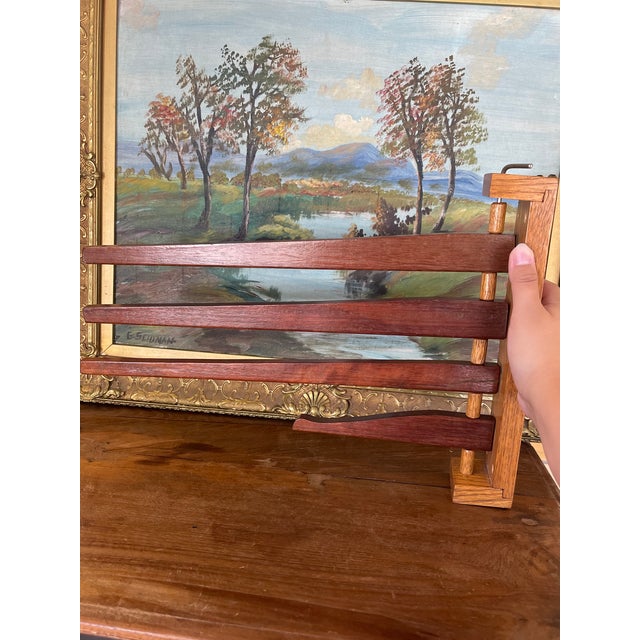 Vintage Wooden Swing-Arm Wall-Mounted Quilt or Towel Rack in Likely Oak and Mahogany. For Sale - Image 4 of 10