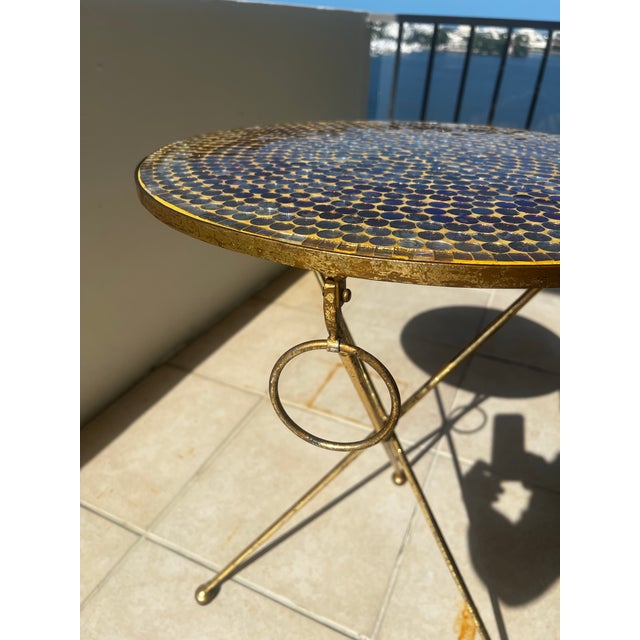Hollywood Regency 1960s Italian Gold Gilt Folding Mosaic Side Drink Table | Handcrafted Glass Tile Top | Hollywood Regency For Sale - Image 3 of 8