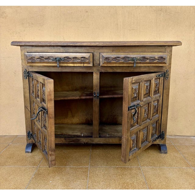 Brown Spanish Rustic Sideboard with Hand-Carved Panels and Original Iron Hardware, 1960 For Sale - Image 8 of 10