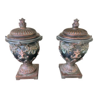 Pair of Neoclassical Bronze Urns With Lids, Floral Relief & Verdigris Patina For Sale