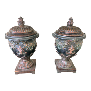 Pair of Neoclassical Bronze Urns With Lids, Floral Relief & Verdigris Patina