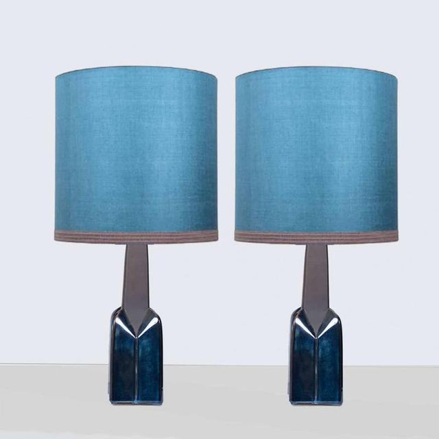 Blue Lamps with New Silk Blue Lampshade by René Houben for Soholm, 1960s, Set of 2 For Sale - Image 8 of 8