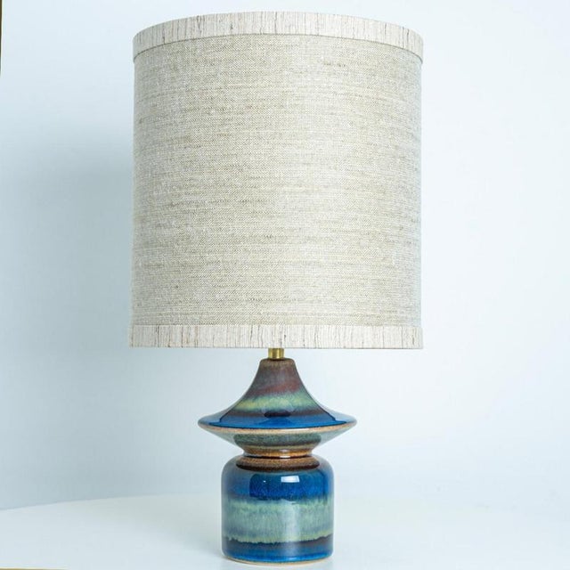 Blue Ceramic Table Lamps with Silk Lampshades from Soholm, Denmark, 1960s, Set of 2 For Sale - Image 9 of 12