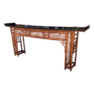 Late 20th Century Monumental Antique Style Chinese Bamboo Alter Console Table With Black Lacquer Top For Sale