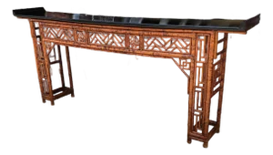 Late 20th Century Monumental Antique Style Chinese Bamboo Alter Console Table With Black Lacquer Top