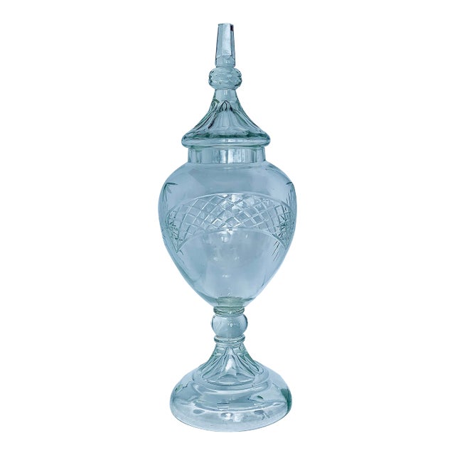 Monumental English Antique Late 19th Century Blown Cut-Glass Apothecary Jar With Faceted Finial Cover For Sale