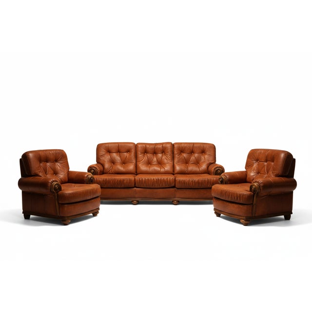Chesterfield-Style Leather 3-Seater Sofa and Armchairs, 1980s, Set of 3 For Sale - Image 13 of 13