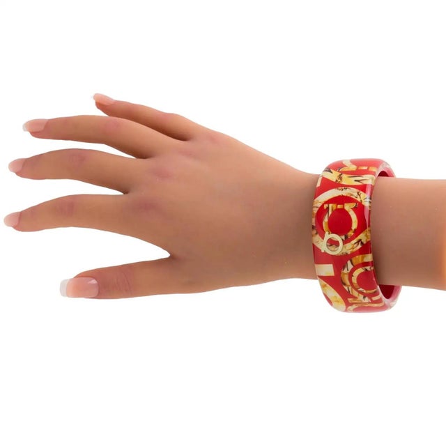 Salvatore Ferragamo Red Acrylic Lucite Bracelet Bangle with Faux-Wood Texture For Sale In Atlanta - Image 6 of 14