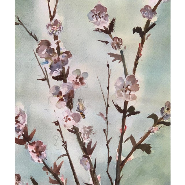 Turquoise Vintage Asian Chinoiserie Cherry Blossom Watercolor Painting For Sale - Image 8 of 11