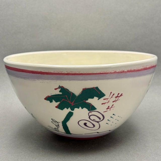 Postmodern Vintage Signed Steve Howell Studio Art Pottery Bowl With Memphis Style Palm Tree Design For Sale - Image 3 of 10
