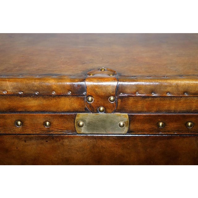 Vintage Hand-Dyed Brown Leather Lockable Storage Steamer Trunk For Sale - Image 6 of 18