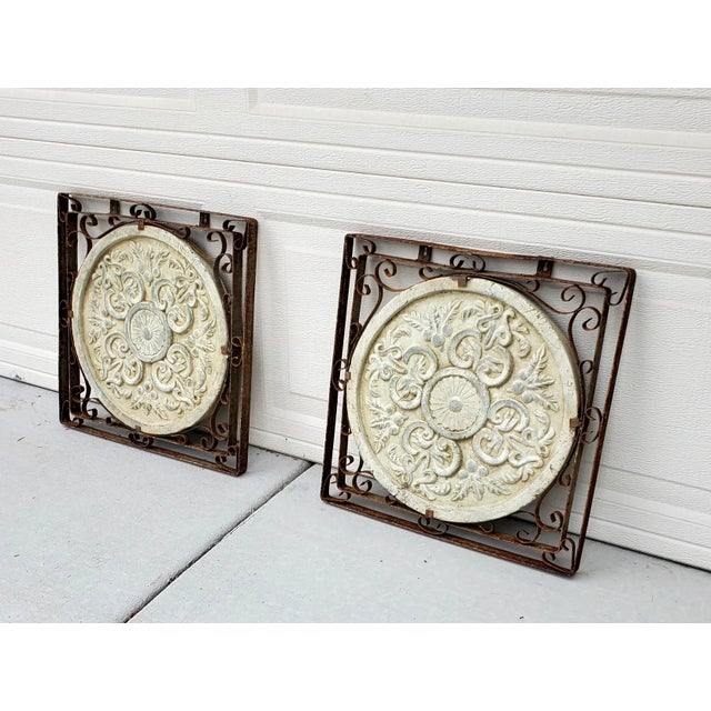 1980s Vintage Pair of Square Iron Framed Terracotta Relief Botanical Medallion Wall Hangings For Sale In San Diego - Image 6 of 12