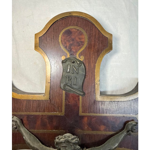 Antique 1800's French Bronze Patinated Metal Inlaid Wood Wall Crucifix Cross For Sale - Image 12 of 12