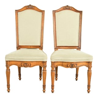 Baker Furniture Style French Regency Louis XVI Carved Walnut Side Chairs or Dining Chairs, Pair For Sale