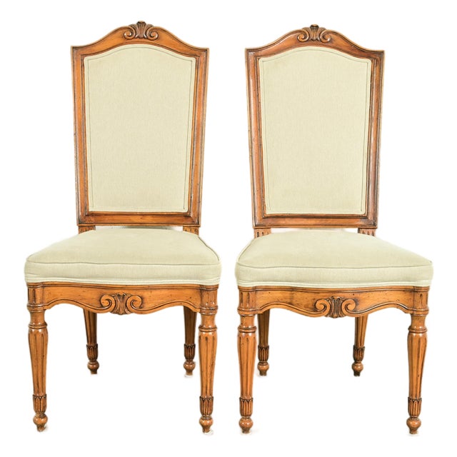 Baker Furniture Style French Regency Louis XVI Carved Walnut Side Chairs or Dining Chairs, Pair For Sale