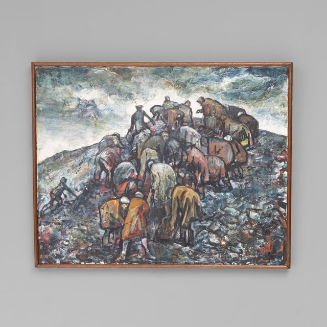 Acrylic painting of a slag heap and pickers in a teak frame by Royston Eroyd, Paris 1984.